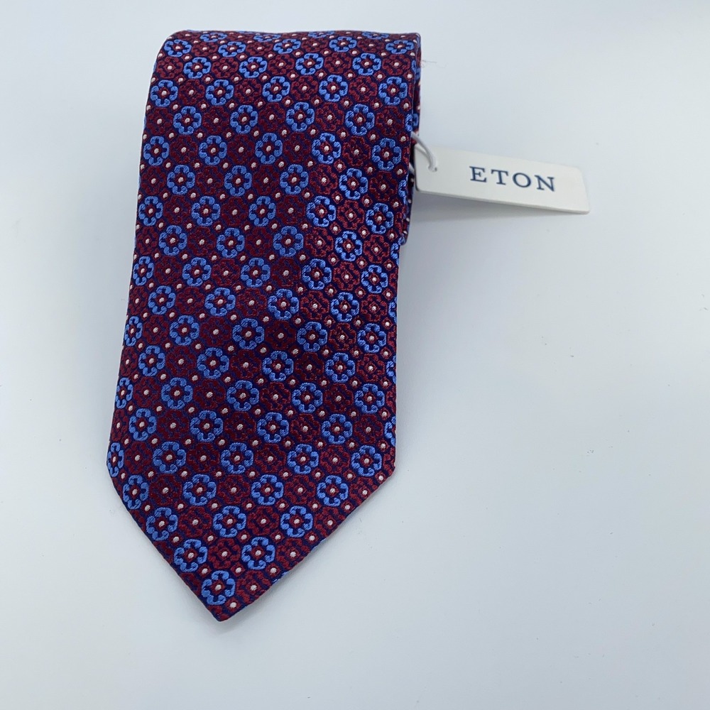 Eton Tie Mens One Size Maroon Blue Patterned Professional Necktie Italy Made NWT